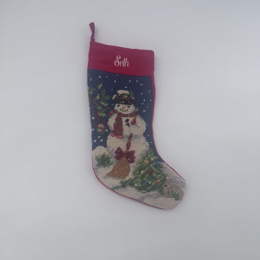 Lillian Vernon Snow Man Christmas Stocking Needlepoint Velvet Monogram Seth